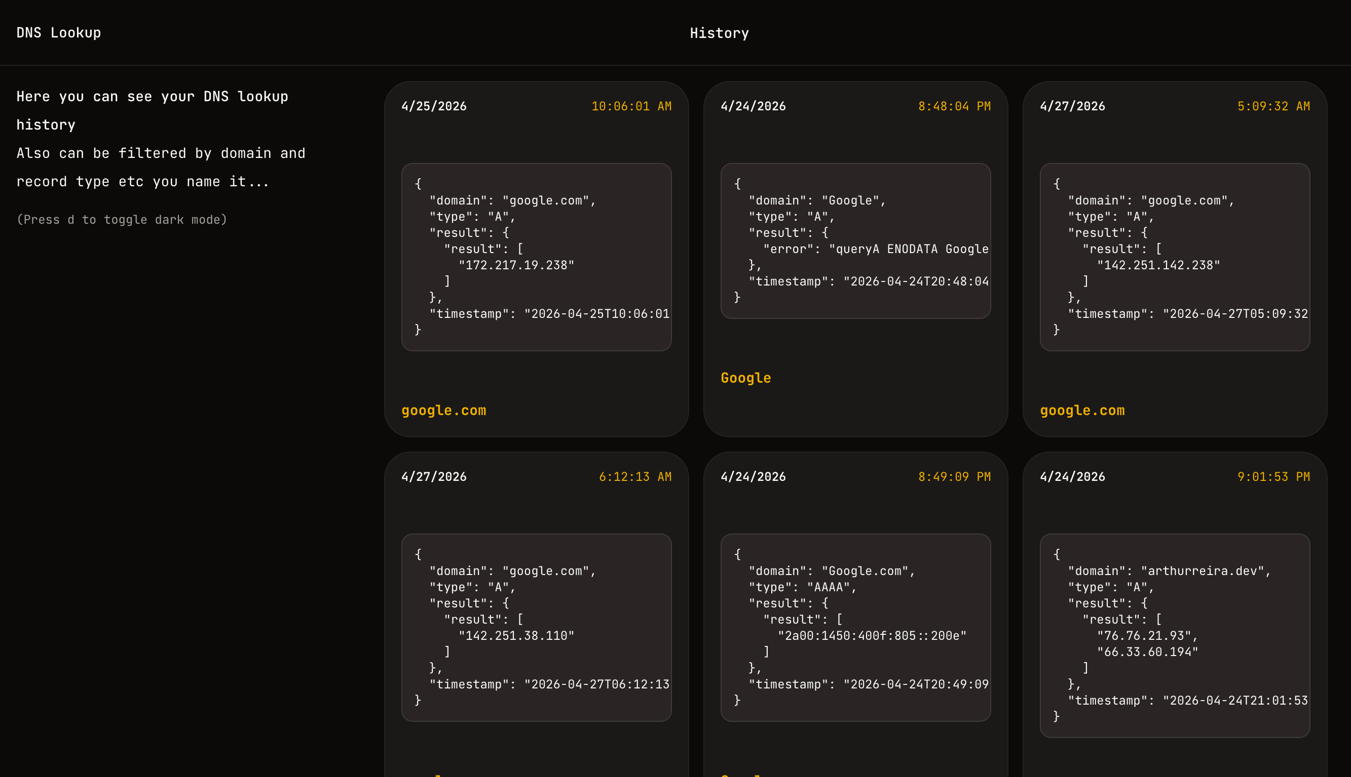 dns-tool history panel
